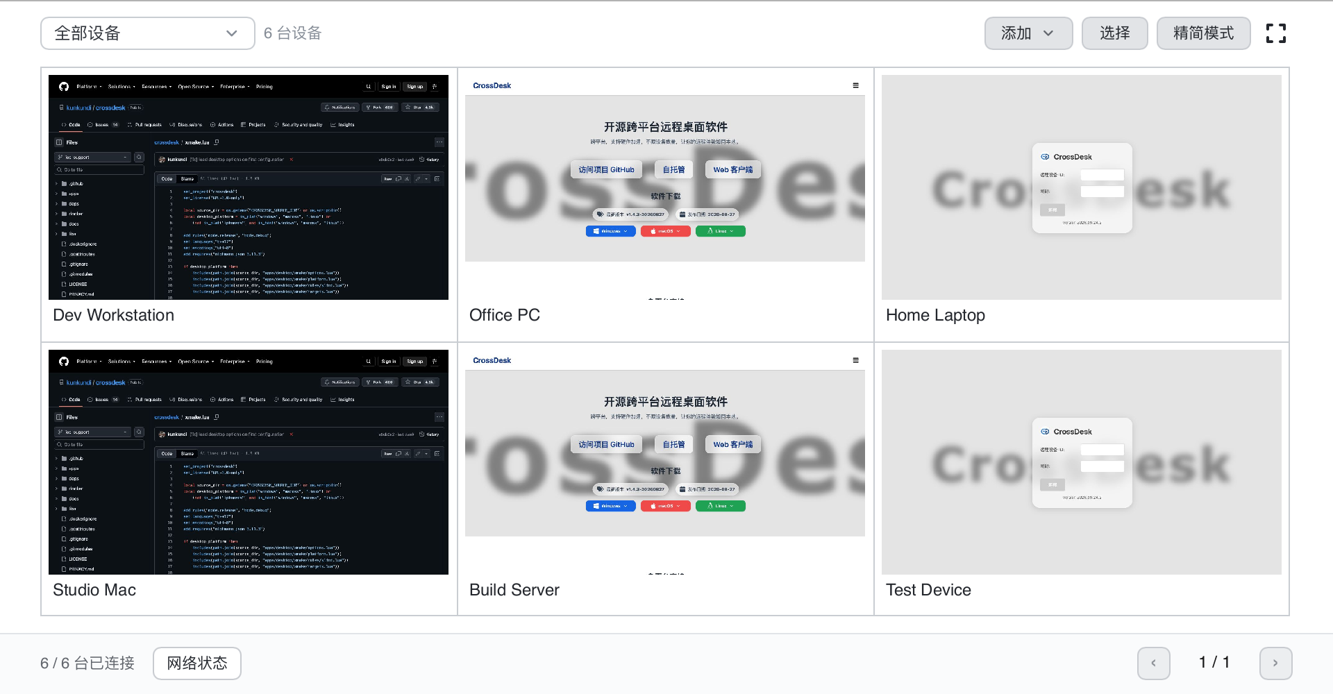 CrossDesk 桌面墙，展示六台使用演示数据的设备