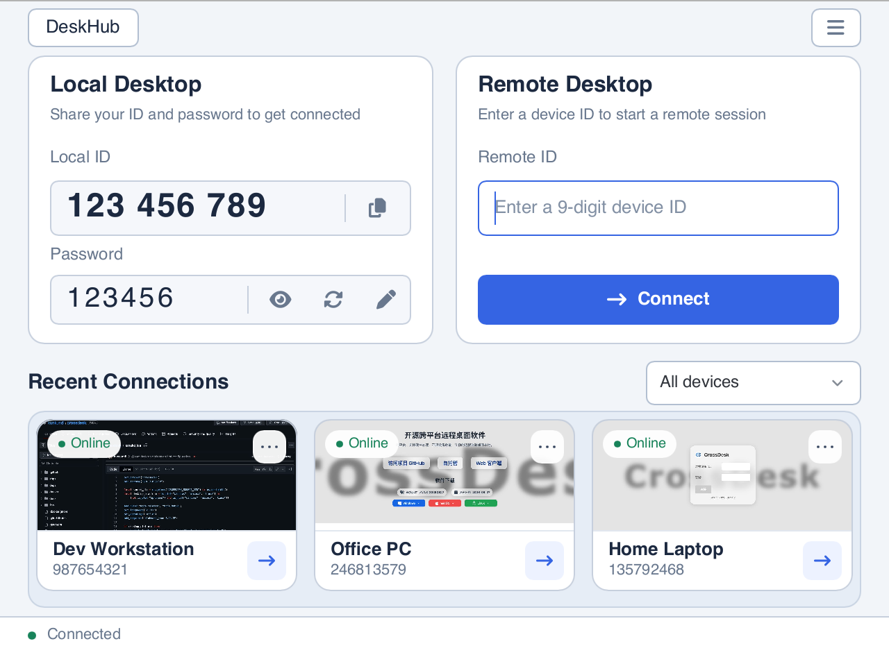 Current CrossDesk desktop interface with connection controls, recent devices and group filters